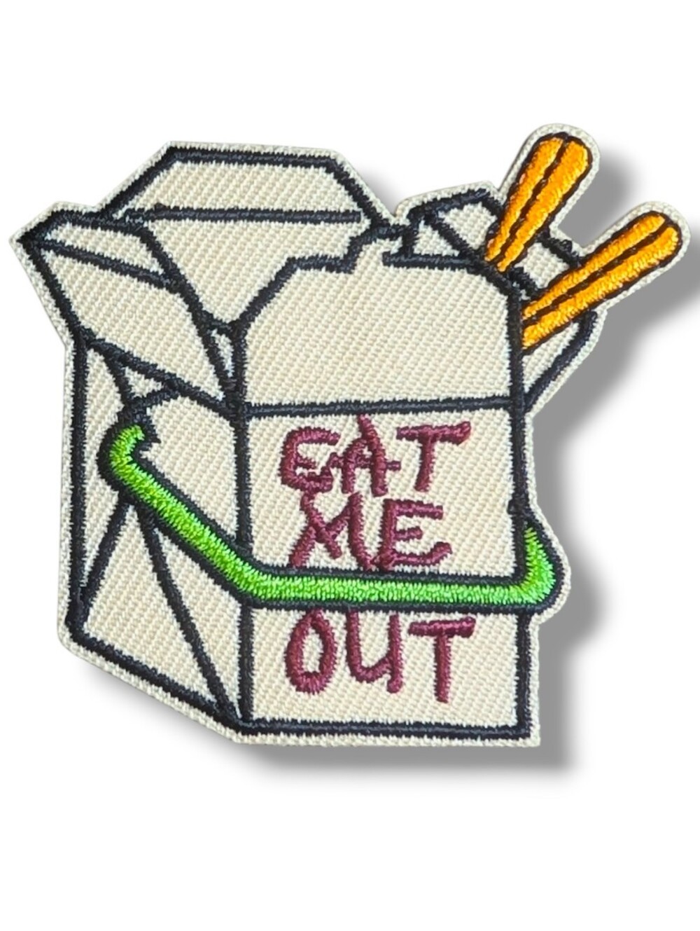 NWT Large "Eat Me Out" Takeout Container Iron On Patch Biker Jacket Battle Vest